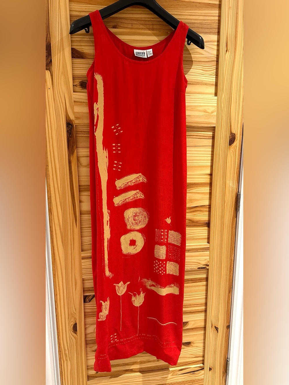 Red Sleeveless Maxi Dress with Gold Graphic Accents